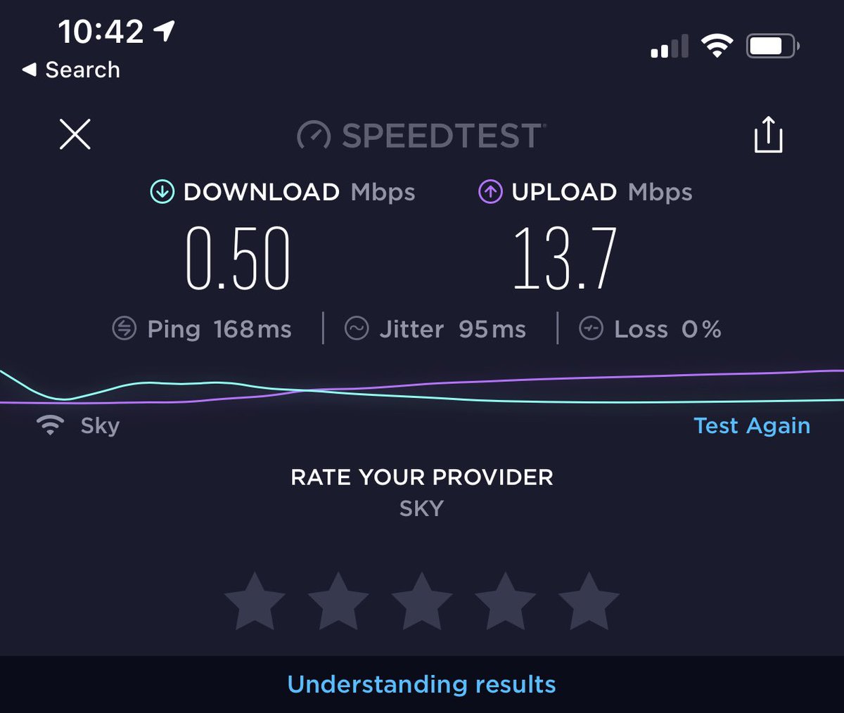 Goonerich's tweet photo. Morning @SkyHelpTeam I’ve really slow download speed currently, been like this since last night. I’ve reset router, turned off power, turned phone on and off, no better - please advise? https://t.co/c2DVeDkNTP