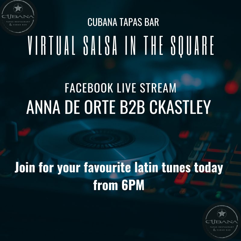 #TODAY FROM 6PM – #LIVE DJ STREAMING 

The fabulous duo of DJ ANNA DE ORTE and DJ CKASTLEY will be streaming your favourite Latin tunes direct from their homes here on Cubana’s Facebook  - See you on the virtual dance floor 😘