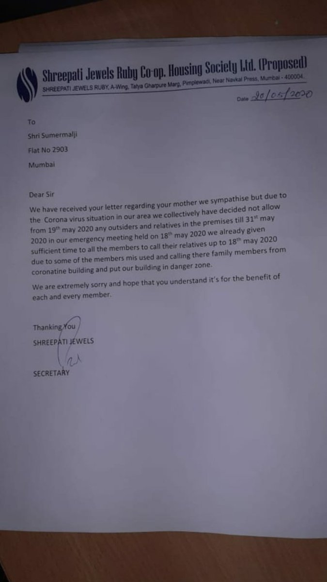 ShethSumermal's tweet photo. @AUThackeray @dcpzone2 @MumbaiPolice @CPMumbaiPolice Sir, still no action. the comitee is saying in their whatsappgroup that since we have complained to any Govt dept then only after govt letter in writing they will allow my mother.if any such rule pls share or punish the comitee for mental harrassment.@MPLodha @Dev_Fadnavis https://t.co/Co87uFvNBG
