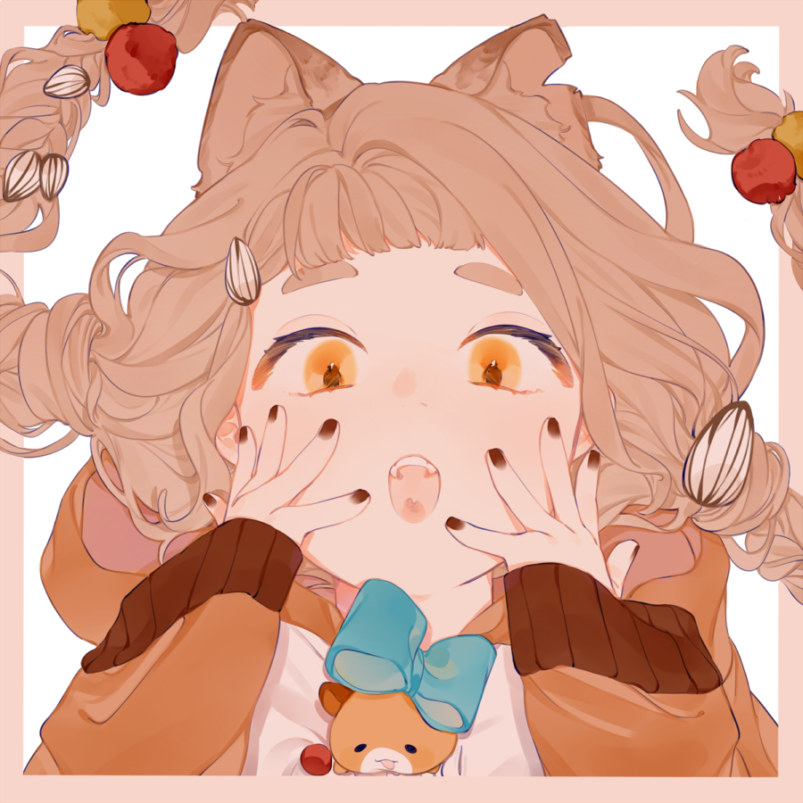 1girl animal ears fangs solo braid open mouth hands on own face  illustration images