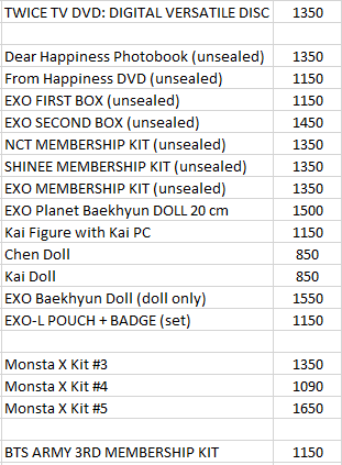 KPOP MERCH-official and unsealed but never been used-DM for actual pictures available items:-TWICE DVD-EXO PHOTOBOOKS, DVD, MEMBERSHIP KIT, DOLLS, BADGE, FIGURINE, POUCH-MONSTA X KITS