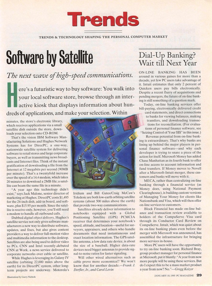 Getting software by downloading it really quickly over satellite networking? that'll never happen.I do like the picture of floppies flying through the air.And apparently dial-up banking won't happen until next year (1996)