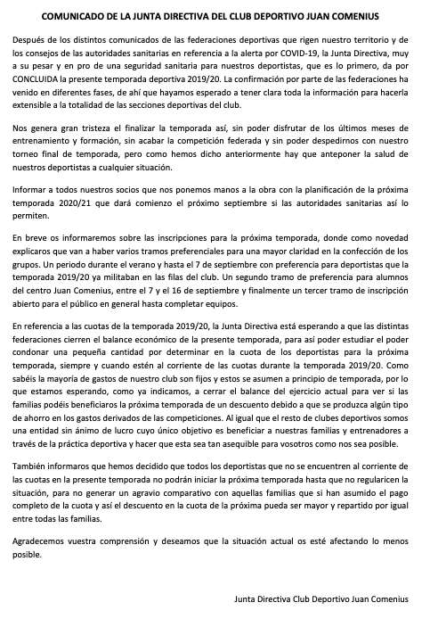 BmComenius's tweet photo. Dadas las circunstancias y ante la situación que estamos viviendo, el Club Deportivo Juan Comenius también decidió hace unos días mediante su junta directiva el cese de todas las actividades deportivas hasta el comienzo de la temporada 2020/2021😭
.
.
💛💙 https://t.co/5RflnGs7RR