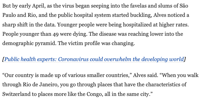 Some extracts from this important Washington Post piece. Lessons from Brazil for  #Covid19InSA. "In the developing world, the coronavirus is killing far more young people" https://www.washingtonpost.com/world/the_americas/coronavirus-brazil-killing-young-developing-world/2020/05/22/f76d83e8-99e9-11ea-ad79-eef7cd734641_story.html