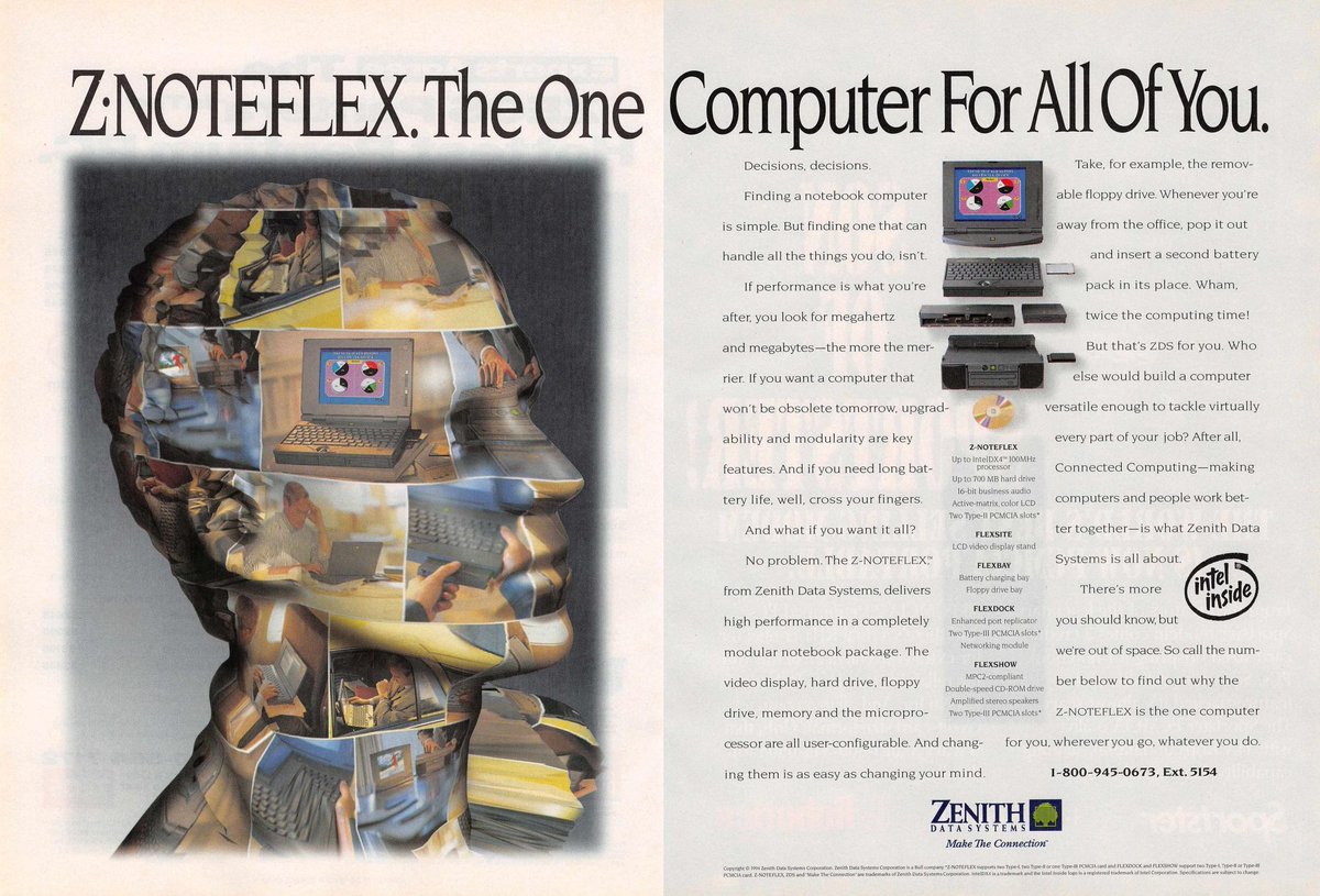 The Z-NOTEFLEX! It's a modular laptop.Powered by pentium (up to 100mhz), you can swap in batteries, floppies, port replicators, networking, CD-ROM drives, speakers, more PCMCIA slots.