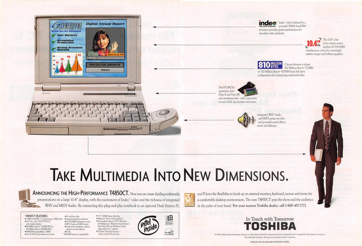 The Toshiba T4580CT! It's got a 75mhz 486, 8mb RAM, 772mb hard drive, 10" color LCD, weighs only 6.9lb