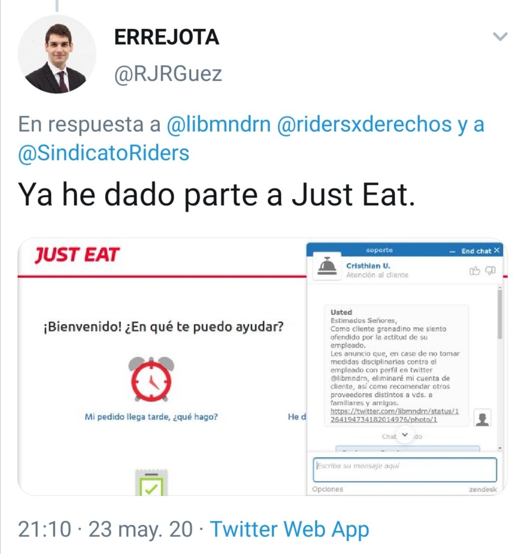 RubenSanchezTW's tweet photo. Hola @JustEat_es. Si trasciende que tomáis algún tipo de represalia contra este trabajador, cerraré mi cuenta. https://t.co/ekjiH35pZW