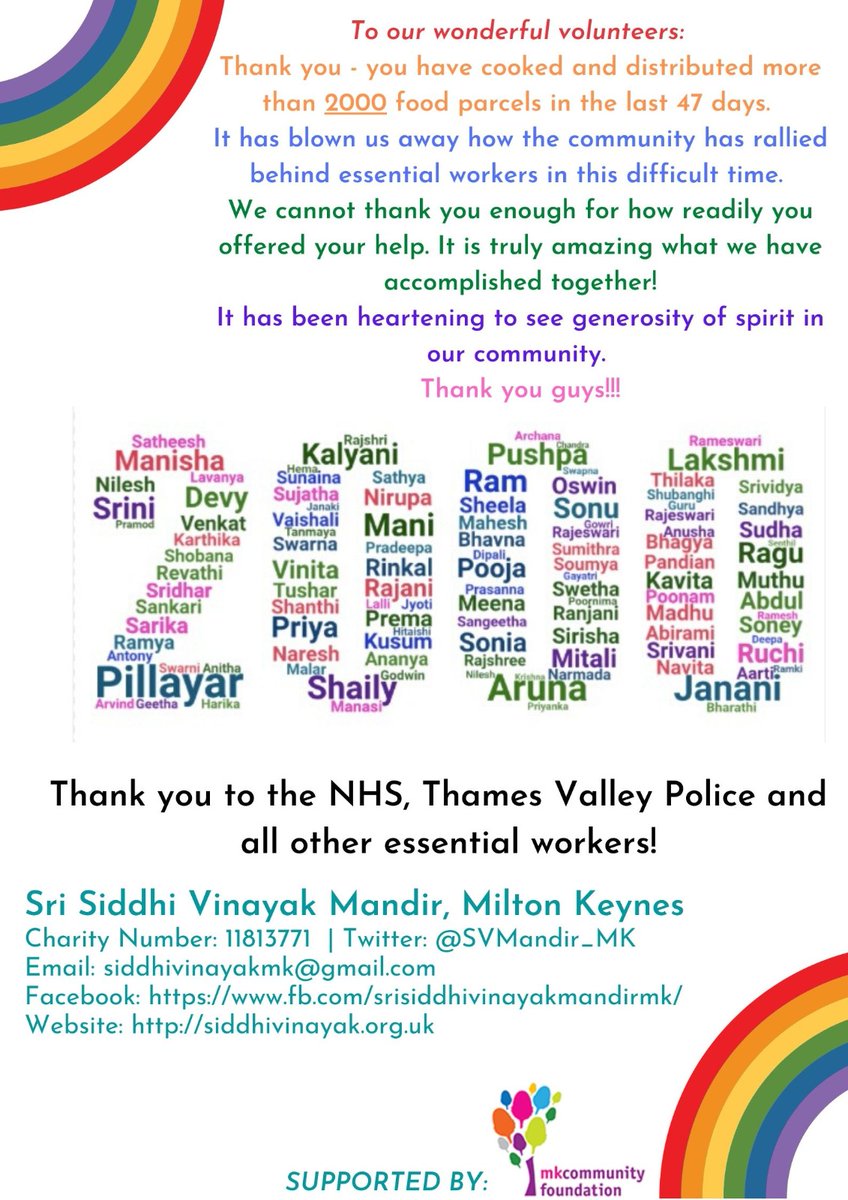 SVMandir_MK's tweet photo. Sri Siddhivinayak Mandir, Milton Keynes helping hands with the help of selfless volunteers until now delivered over 2000 lunch boxes to NHS and Thames valley key workers #FeedTheFrontliners #SVMandir_MK #loveMK #Covid19UK
@ComActMK @MKComFoundation @MKHospital @tvp_mk @BBCNews https://t.co/rypXxAgLXa