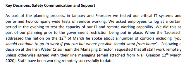 Not all public bodies waited until early March to start planning for Covid-19. In Irish Water/Ervia, they started testing in late January and early February on how they would cope if they had to work remotely during an outbreak in Ireland: