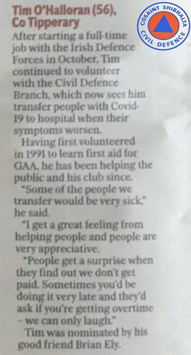 CivilDefenceIRL's tweet photo. Well done Tim o’Halloran from @Tipperarycd who has been shortlisted for @Independent_ie frontline star of the week. https://t.co/yfG5jChEz4 #civildefence #volunteer #covid19 https://t.co/3HV1lLYTqp