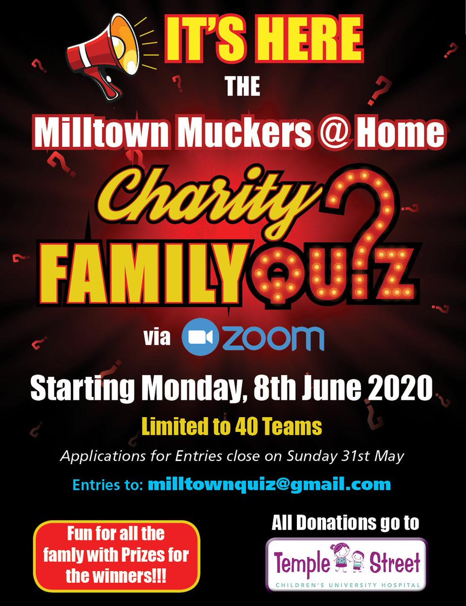 MilltownGAA's tweet photo. Milltown Muckers present....our Charity Family Quiz!!

All proceeds go to Temple Street Hospital, in memory of baby Kenneth Condon.

Places limited to 40 teams/families. 

Entries must be in by 31st May to milltownquiz@gmail.com https://t.co/oiFQEEygwr