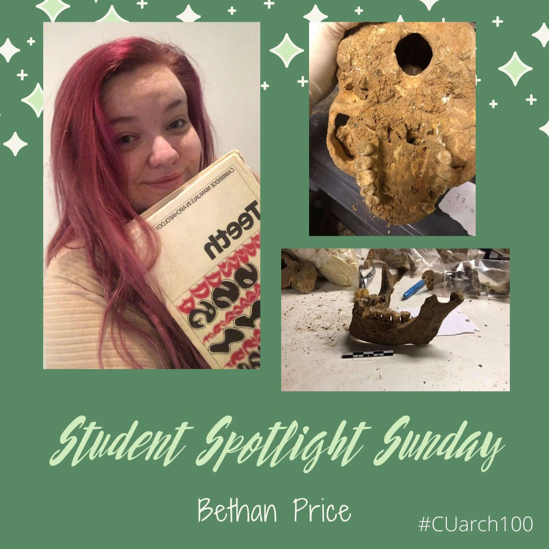 #StudentSpotlightSunday ft. MSc student <a href="/bethprice654/">Bethan Price</a>! Her research looks at sexual dimorphism in human teeth &amp; whether sex can be determined using weight/measurements of teeth. This will allow us to sex remains without the need for certain bones! #CUarch100