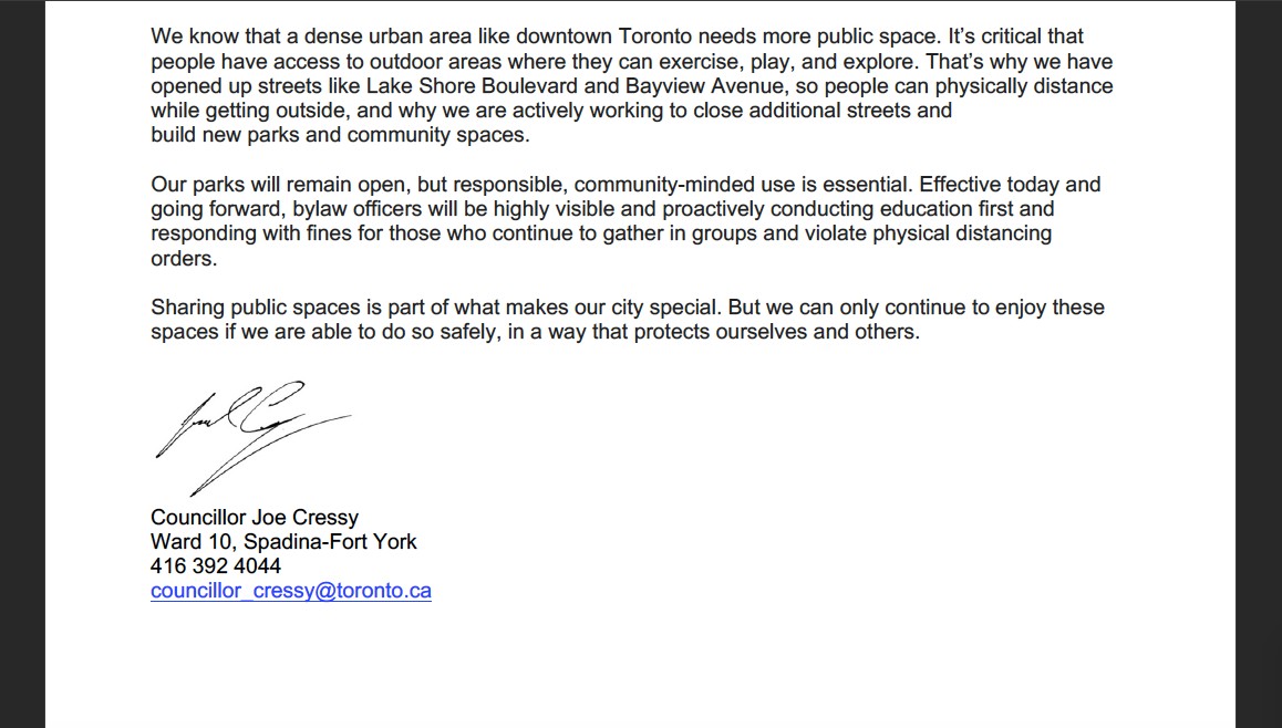 Yesterday, many people across our city were upset and offended by images of crowds congregating together in Trinity Bellwoods Park. I count myself among them. Please see my statement below.