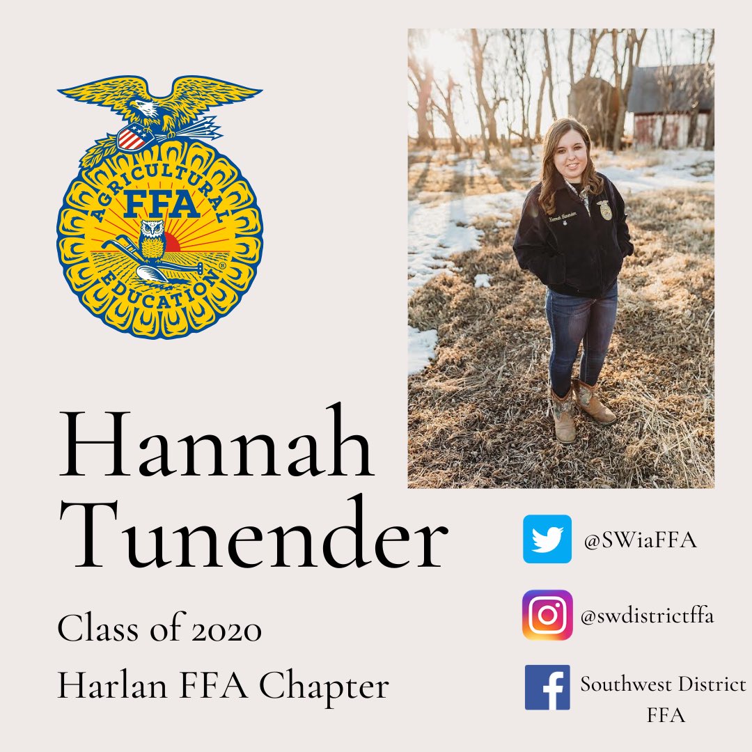 SWiaFFA's tweet photo. Congratulations to Hannah Tunender from the Harlan FFA Chapter. We are proud to put the spotlight on all of the hard work you have done for the past five years as an FFA Member! https://t.co/wFLYiV5jsi
