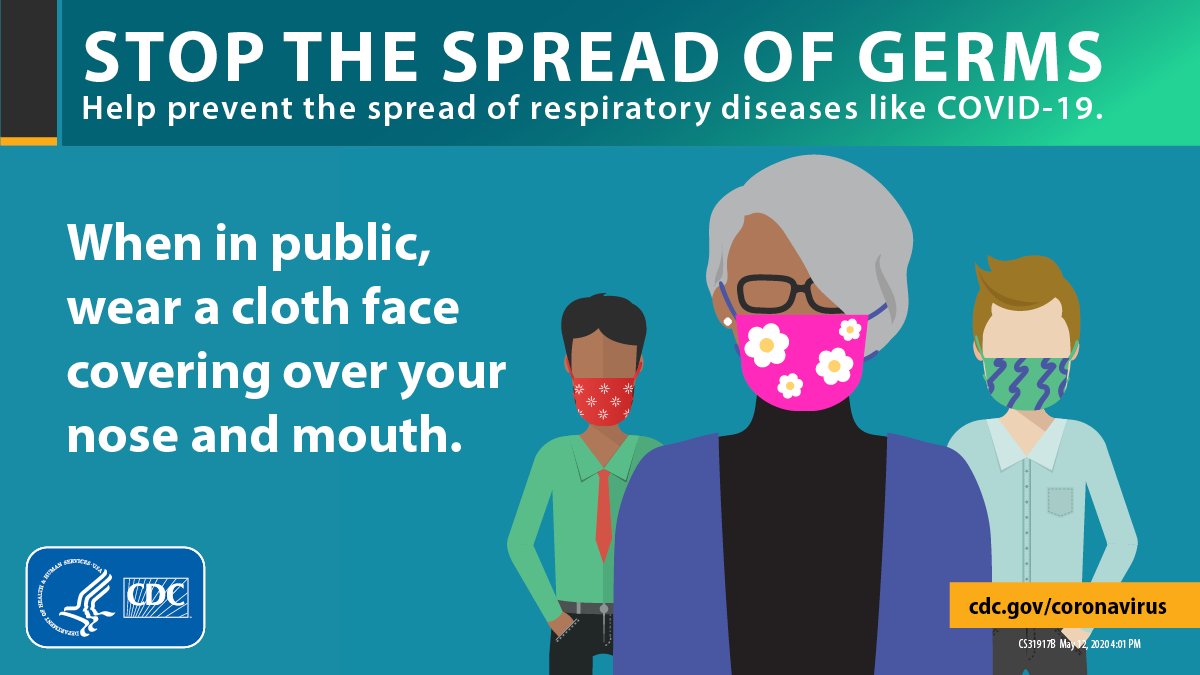 CDCgov's tweet photo. Take action to slow the spread of #COVID19 by wearing a cloth face covering in public spaces, keeping at least 6 feet of physical distance, &amp; frequently washing your hands.
Make a cloth face covering from a t-shirt, scarf or cloth napkin. Learn more at https://t.co/bihJ3xEM15. https://t.co/4aqLf7WP66