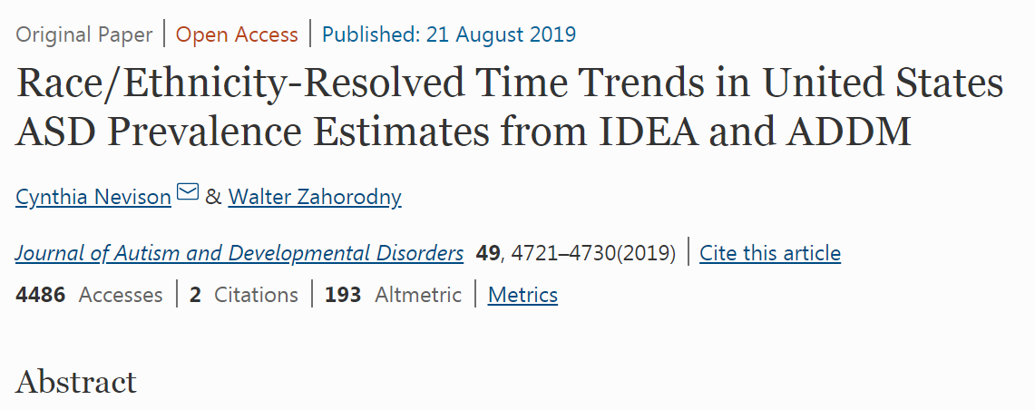 2. I stumbled upon the article "Race/Ethnicity-Resolved Time Trends in United States ASD Prevalence Estimates from IDEA and ADDM", which I am posting as a screenshot to avoid boosting altmetrics. Which states that minorities prevalence of autism is increasing.