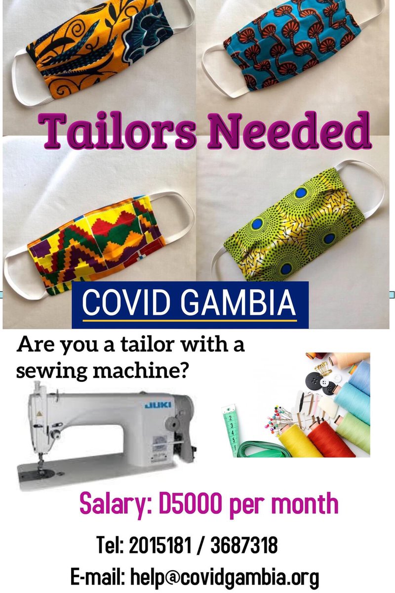 covidgambia's tweet photo. You know about tailors who might be interested?
Spread the word!
#Mask4all #maskproduction😷 
Operation a mask4all Gambians!! 
@mayorKMC @ptvgambia @QTV_Gambia @grtstvofficial @GamChamber @GambiaRedCross @MohGambia @MOYSTheGambia @IOMGambia https://t.co/2Smg1mtLWM