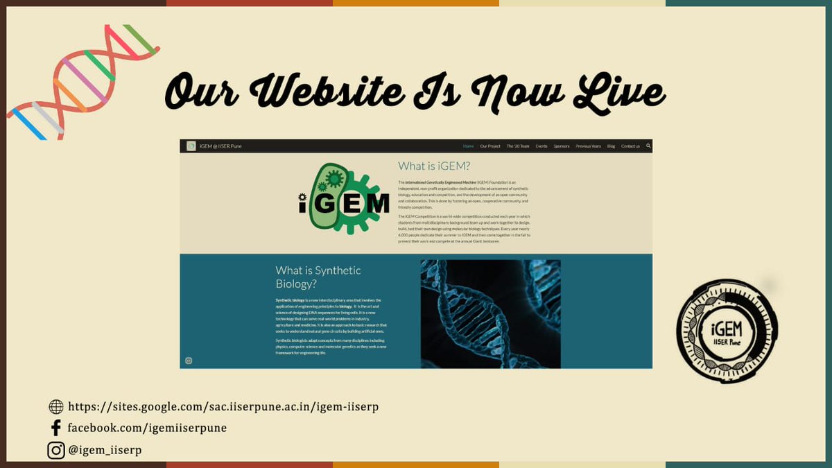 iGEM IISER Pune (@igem_iiserpune) on Twitter photo We are very excited about the completion of our very own website and to establish iGEM as a permanent club at IISER Pune !
For more info on our team visit our website đ
Link: sites.google.com/sac.iiserpune.âĻ We are very excited about the completion of our very own website and to establish iGEM as a permanent club at IISER Pune !
For more info on our team visit our website đ
Link: sites.google.com/sac.iiserpune.âĻ