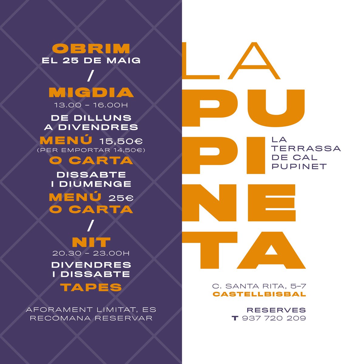 calpupinet's tweet photo. Sí, ho heu llegit bé, després de més de dos mesos, DEMÀ OBRIM PORTES! 🎉 L'aforament és limitat així que per assegurar-vos de tenir lloc us recomanem reservar amb antelació al 937 720 209. Moltes gràcies! #CalPupinet #LaPupineta #Castellbisbal #tornem https://t.co/QdpL8rmRLY