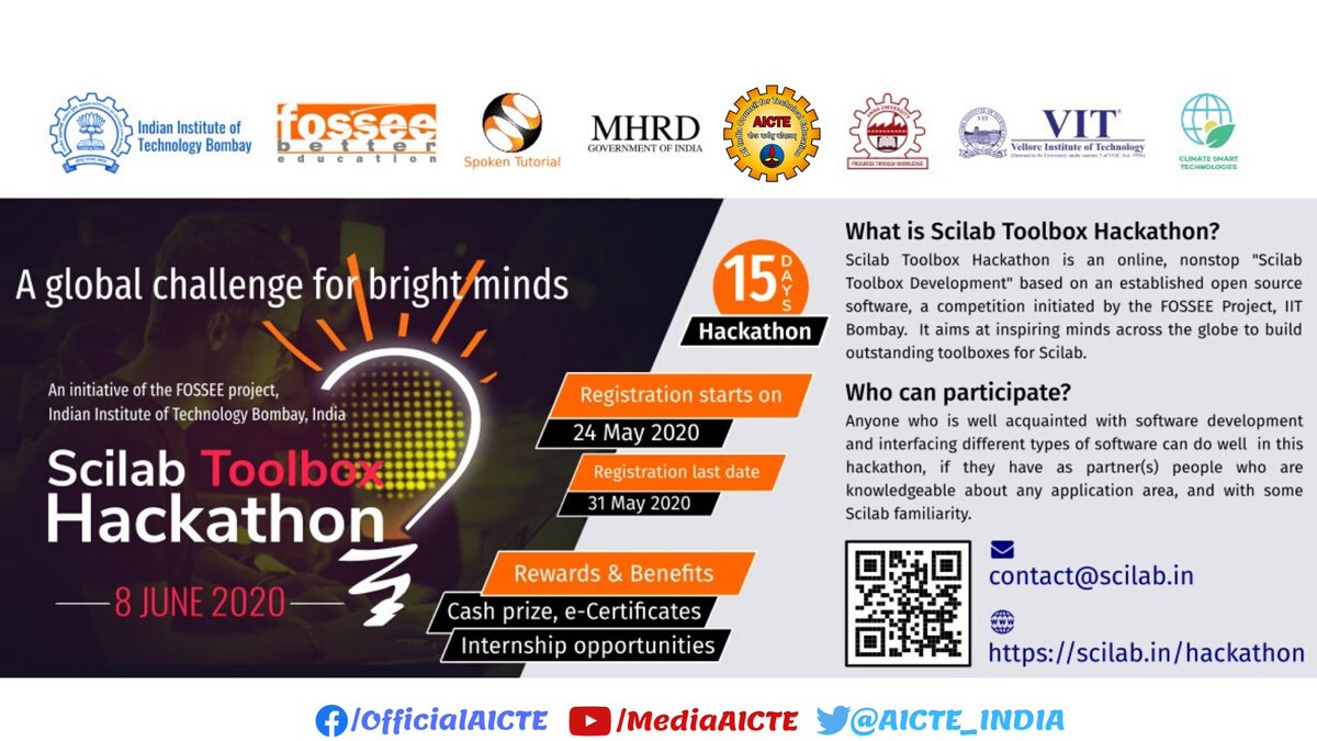 AICTE_INDIA's tweet image. #ScilabToolboxHackathon @ #AICTEdge:
An initiative of the #FOSSEE project @iitbombay, @Scilab Toolbox #Hackathon is an #online, nonstop "Scilab Toolbox Development"
Registration starts Today !
Last Date: 31 May, 2020
Details:scilab.in/hackathon/
@FOSSEENMEICT @ChennaiVit