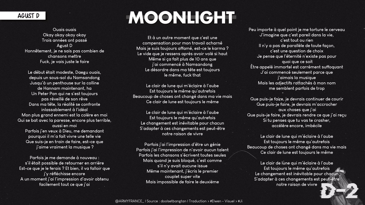 [ @BTS_twt x  #AGUSTD2 ]Pour commencer, nous vous proposons la première chanson de la mixtape, soit 'Moonlight'   https://btsarmyfrance.fr/moonlight/ 