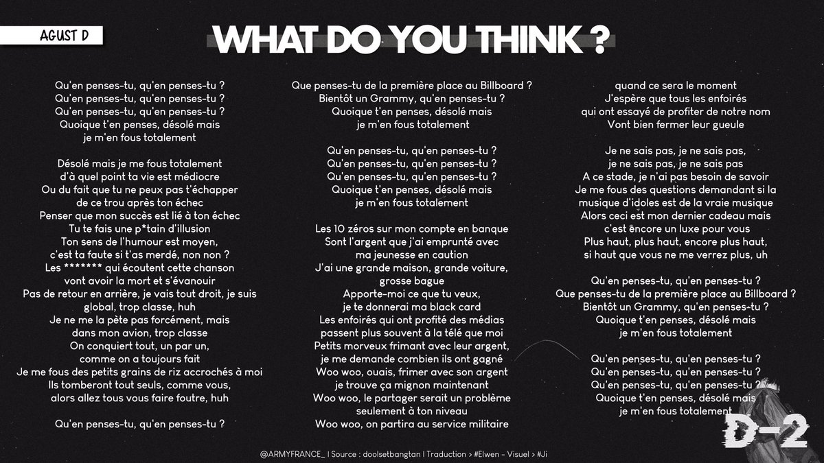 [ @BTS_twt x  #AGUSTD2 ]Voici la traduction de 'What do you think?'   https://btsarmyfrance.fr/what-do-you-think/