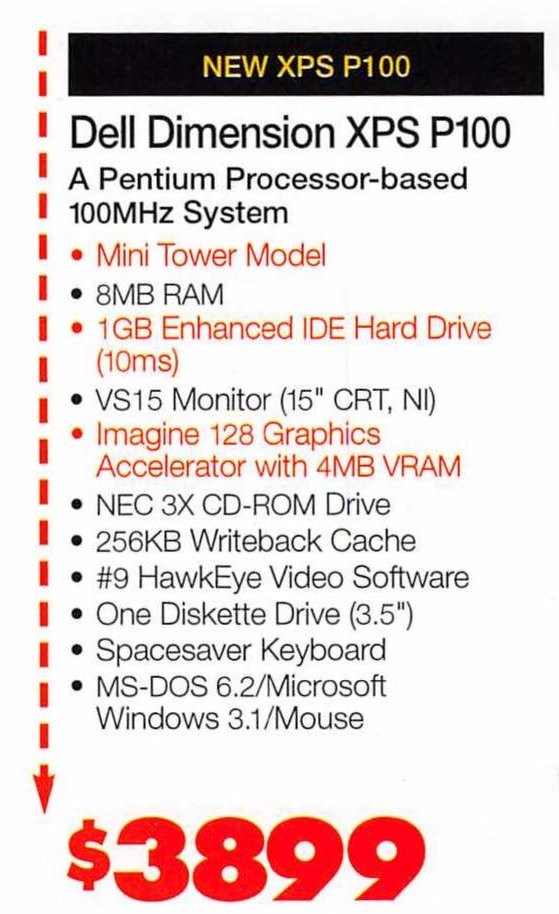 So let's zoom in and see what's going on with these Dells.The Dimension XPS P100, a Pentium 100mhz, 8mb of ram, 1gb hard drive, 15" CRT, 3X (3!?) CD-ROM, 3899$