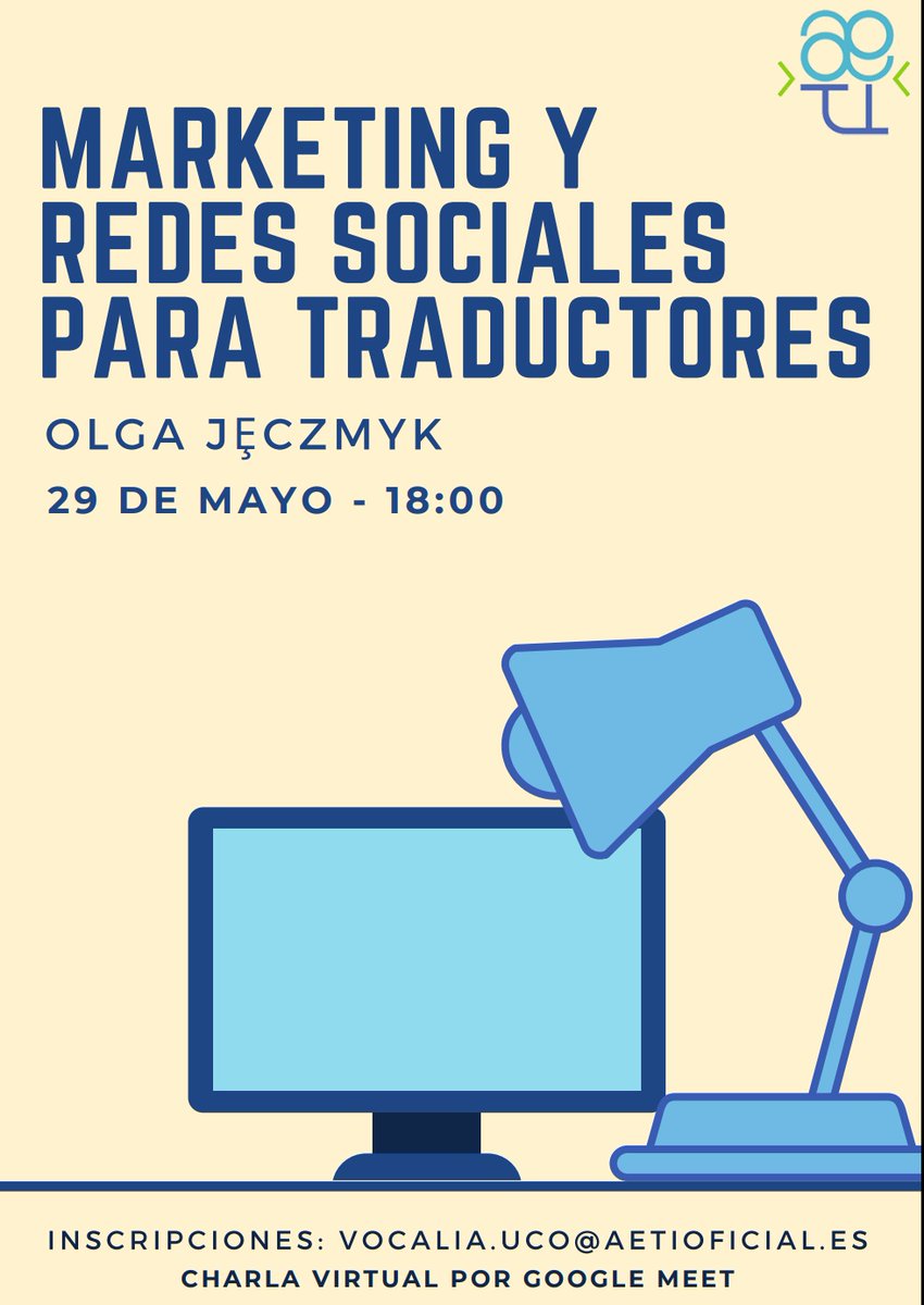 Tenemos preparada una actividad muy interesante para los futuros traductores:

🗣️ Charla virtual sobre el Marketing y las Redes Sociales para Traductores, con <a href="/OlgaJeNo/">Olga Jęczmyk</a>
📆 VIernes 29 de MAYO
🕕 18:00h
💻 Google Meets

📩Más información e inscripción: vocalia.uco@aetioficial.es