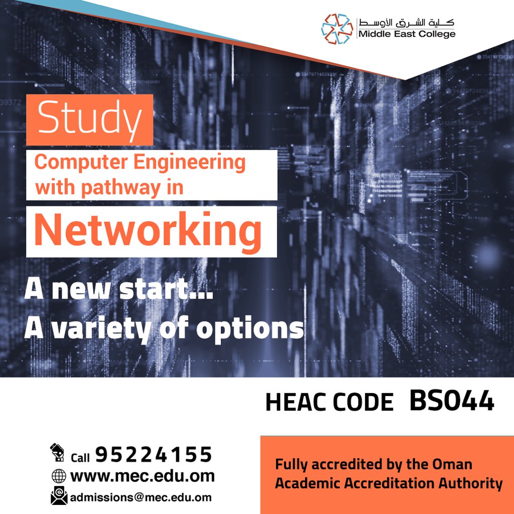 MEC_Oman's tweet photo. Start your wonderful journey to a rewarding career by earning a Bachelor’s in Computer Engineering with pathways in #Networking at #MEC.
Call 95224155 or Email admissions@mec.edu.om
Know more about
https://t.co/DPGt9Df6BW
#New_Programme #MyMEC #MECLife https://t.co/bJvGDvmhaq