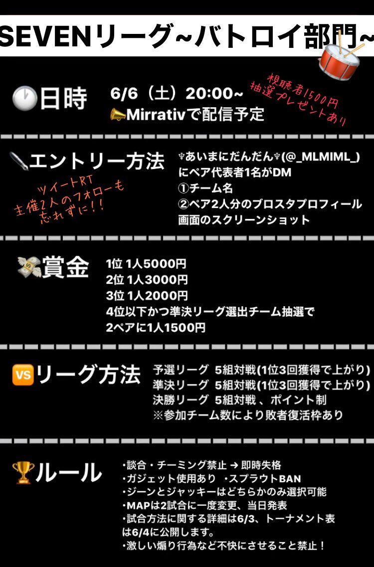 _MlMIMl_'s tweet photo. 『SEVENリーグ』

✨✨賞金総額 7万2500円✨✨
　
・主催 KENSHIRO
　　　 あいまにだんだん

・日時
6月6日 バトロイデュオ
6月7日 3on3
✩どちらかor両方参加可能

・参加条件 RT&amp;2人フォロー

🎁さらにこのツイートRT＆フォローで2名に1500円
@KENSHIRO_BS の同ツイートも2名に1500円！ https://t.co/sxcbaO76f2