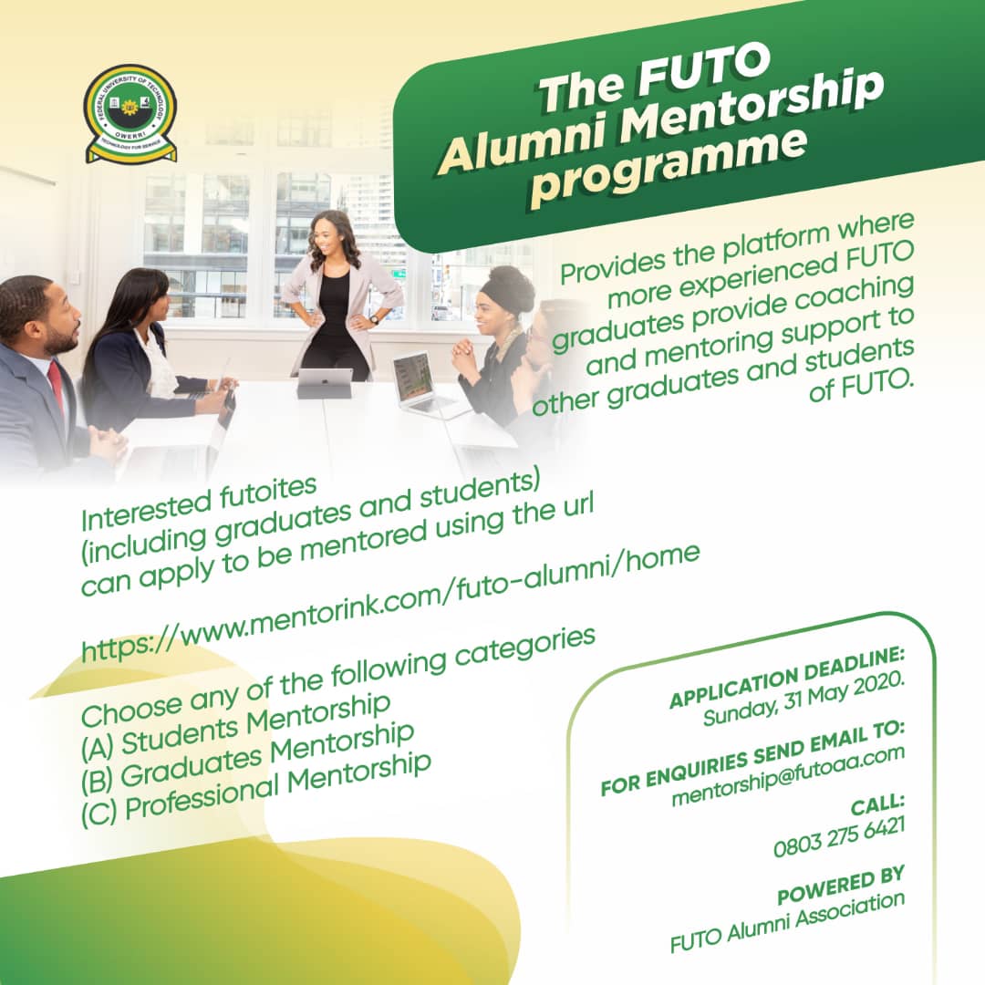 EeeFuto's tweet photo. Hello guys, application is now open for @futo_alumni  Association mentorship program to empower FUTO students and graduates.
Link: https://t.co/LYlqvVW1fM

Retweet to reach more FUTO students and Alumni
CC:
@SUGFUTO 
@FutoLibrary 
@Futoweb 
@rcffuto
@futocentric 
@Enactus_FUTO https://t.co/uFCYUg5I4P