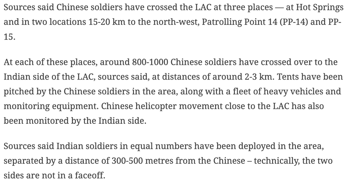 . @SushantSin: "Chinese soldiers have crossed the LAC at three places — at Hot Springs and in two locations 15-20 km to the north-west ... At each of these places, around 800-1000 Chinese soldiers have crossed over to the Indian side of the LAC ... 2-3 km"  https://indianexpress.com/article/india/m-m-naravane-army-chief-line-of-actual-control-lac-chinese-transgressions-6424478/