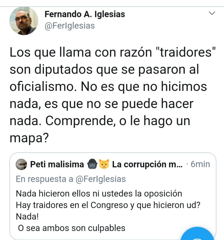 ..."¿qué querés que haga?" a sus votantes...y es verdad...no pueden hacer nada, porque ante la falta de instituciones, ser diputado de la oposición hoy en día, es igual a ser marinero en Bolivia, no hay mar para navegar y en Argentina no hay... #LaUnicaNormalidadEsLaConstitucion