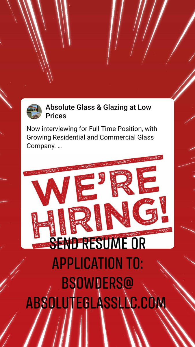 AbsoluteGlass's tweet image. Now Interviewing for Lead Technician
Candidate should possess:
-Clean Driving Record is a Must
-Strong Work Ethic
-Experience with Glass, Windows &amp;amp; Doors

This position is for Full Time, 40+/ wk.
Operating Fleet Vehicle to Complete Daily Scheduled Work.
Salary Based on Experience