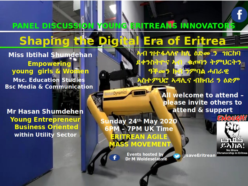 Save Eritreans (@saveeritrean) on Twitter photo PANEL DISCUSSION #YOUNG #ERITREANS #INNOVATORS Shaping the #Digital #Era of #Eritrea May 24th 6pm -7pm
<a href="/michelawrong/">michelawrong</a> <a href="/janedutton/">Jane Dutton</a> <a href="/cotoelgyes/">@cotoelgyes</a> <a href="/malberizzi/">Massimo A. Alberizzi</a> <a href="/GiuliaRastajuly/">Giulia Tranchina</a> @finnvaage <a href="/danjewredab/">Mussie Redab Danjew</a>
facebook.com/moses.woldesel… PANEL DISCUSSION #YOUNG #ERITREANS #INNOVATORS Shaping the #Digital #Era of #Eritrea May 24th 6pm -7pm
<a href="/michelawrong/">michelawrong</a> <a href="/janedutton/">Jane Dutton</a> <a href="/cotoelgyes/">@cotoelgyes</a> <a href="/malberizzi/">Massimo A. Alberizzi</a> <a href="/GiuliaRastajuly/">Giulia Tranchina</a> @finnvaage <a href="/danjewredab/">Mussie Redab Danjew</a>
facebook.com/moses.woldesel…