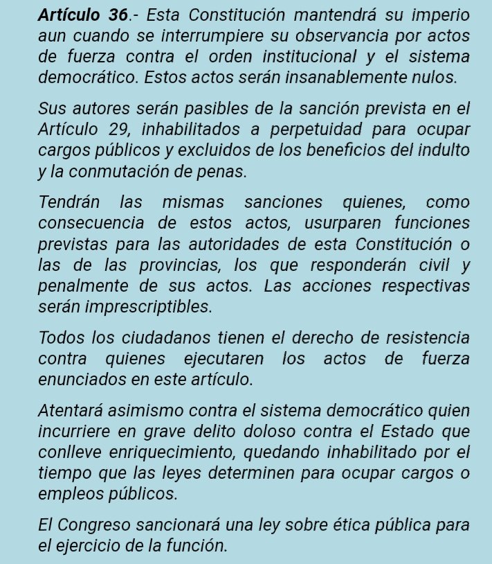 ...llegando al poder por la vía legal, se apropien de todos los poderes del estado; y no sólo lo prevé, nos ordena que cuando alguien aparte a Argentina de su vigencia y de sus instituciones, las recuperemos apelando a la  #ResistenciaCivil.  #LaUnicaNormalidadEsLaConstitucion