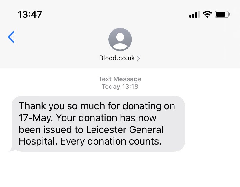 Blood donation is as much essential travel as ever - keep your appointments and keep the stocks up for when routine ops can begin again! My 5th donation of #Bpositive has already made its way to Leicester. #KeepDonating