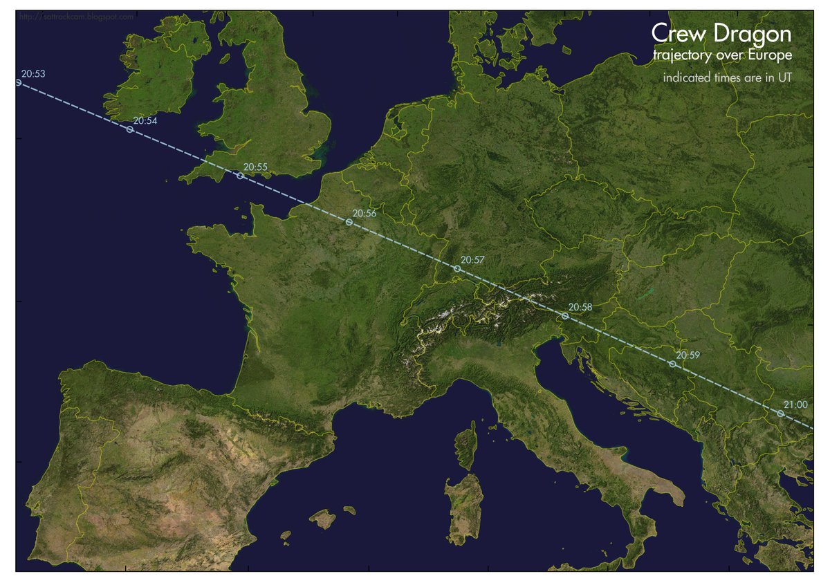 (see previous tweet)Estimated Crew Dragon path over Europe on Wednesday 27 May. Times in UT (for CEST add +2 hours, for BST +1 hour).