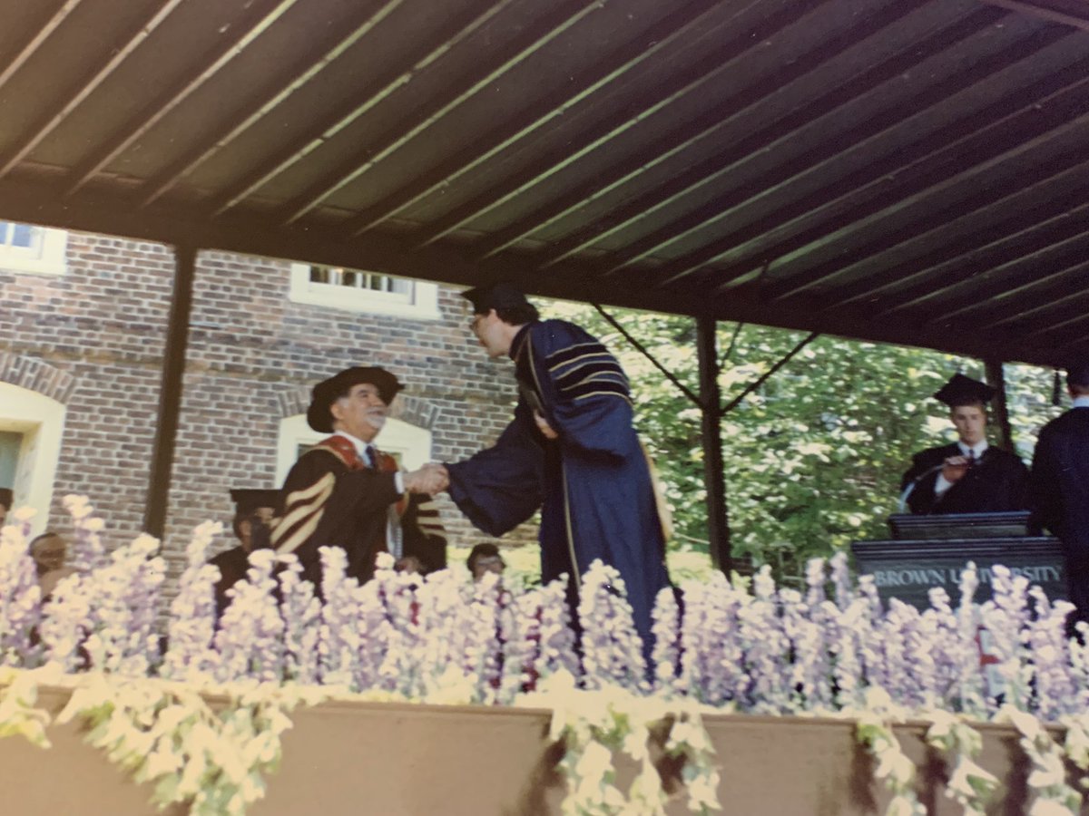 The earliest commencement photo I could find is from 1989—the year that I got to share a moment on stage with President Gregorian. Note my cool  @UCBerkeley regalia.It was also the year of the GIANT glasses! 