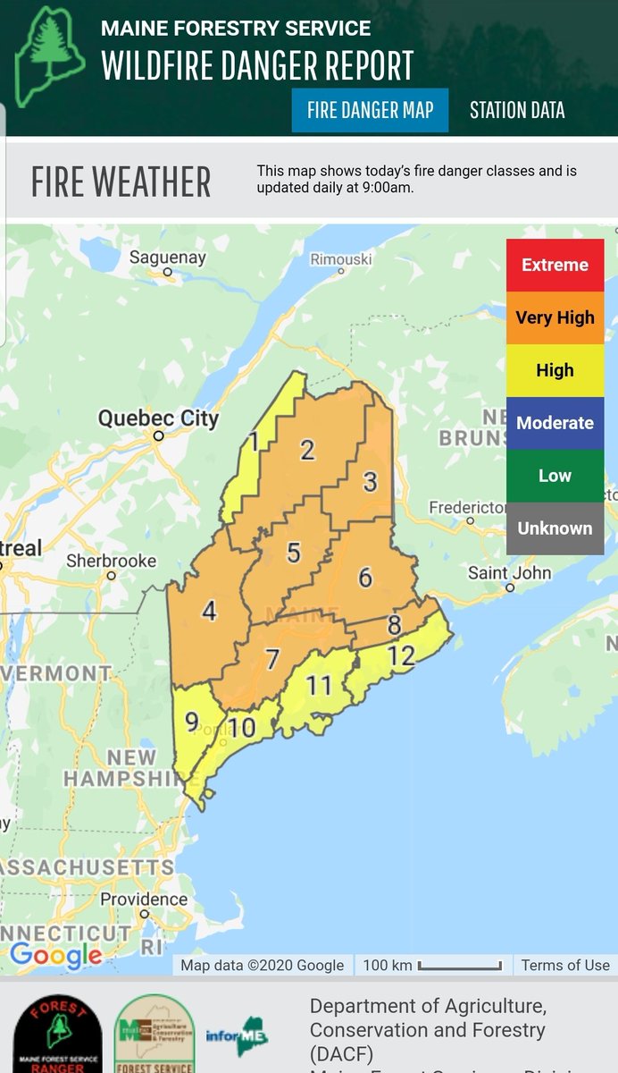 MaineRangers's tweet image. Maine's predicted wildfire danger for Sunday. #MEfire