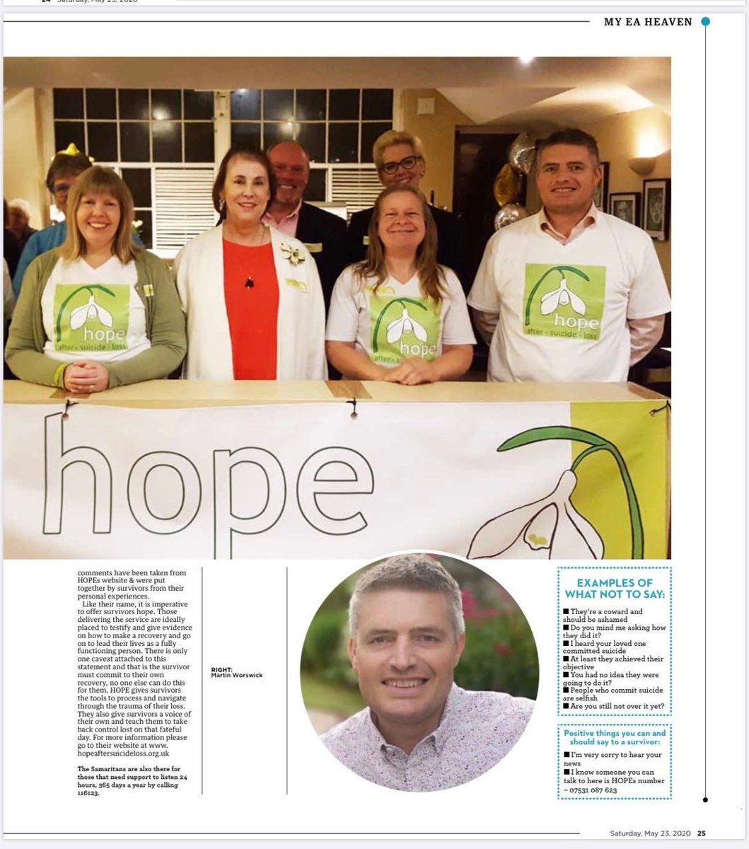 A hard #heartbreaking #painful, yet very real read in this weekends @EADT24 @EDP24 feature on #suicide #charity HOPE @suicidelossUK. 
#MentalHealthAwarenessMonth #SuicideAwareness #bereavement #suffolkcharity #HOPE 
#samaritans are always there to listen to you Tel: 116123