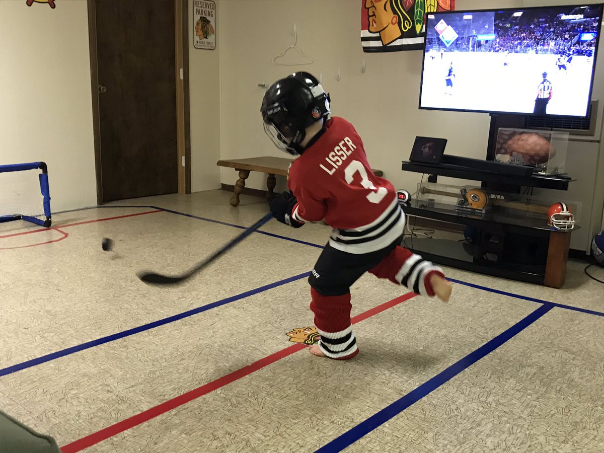 KristaLander's tweet photo. This guy is 4 today and since he had to stop his hockey lessons we built him a make shift hockey rink and decked it out with his favorite team! @NHLBlackhawks https://t.co/77e5yIyQB8