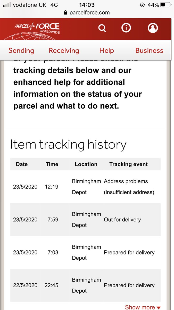 emilyboswell2's tweet photo. @parcelforce Thanks, no help though as the address was incorrect so don’t have an attempted delivery slip in order to redirect to new address. No option on your website to click anywhere (see pic) it just says ‘insufficient address’ and no option to update anything. Help please! https://t.co/Q7VUaOdLbf