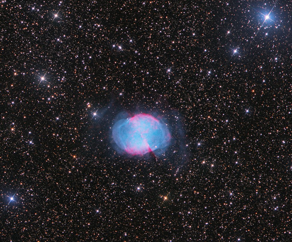BlakePlanet's tweet image. M27, The Dumbbell Nebula is a planetary nebula in the constellation Vulpecula. Imaged on Insight Observatory's 16" f/3.7  reflector (ATEO-1) from SkyPi Remote Observatory, New Mexico.

Luminance - 300 sec. x 5
Red - 300 sec. x 10
Green - 300 sec. x 10
Blue - 300 sec. x 10