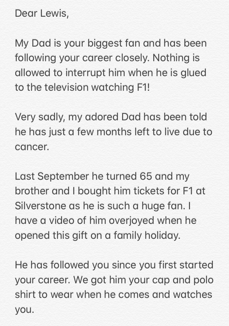 TeamPuds's tweet photo. @LewisHamilton - a small request for a wonderful friend (who is also one of our amazing NHS nurses). I’m so hoping you might be able to help fulfil a last wish for her dear Dad.. @piersmorgan @GMB PLEASE, please can you work some of your magic! 🙏 https://t.co/MD4KHzgLLv