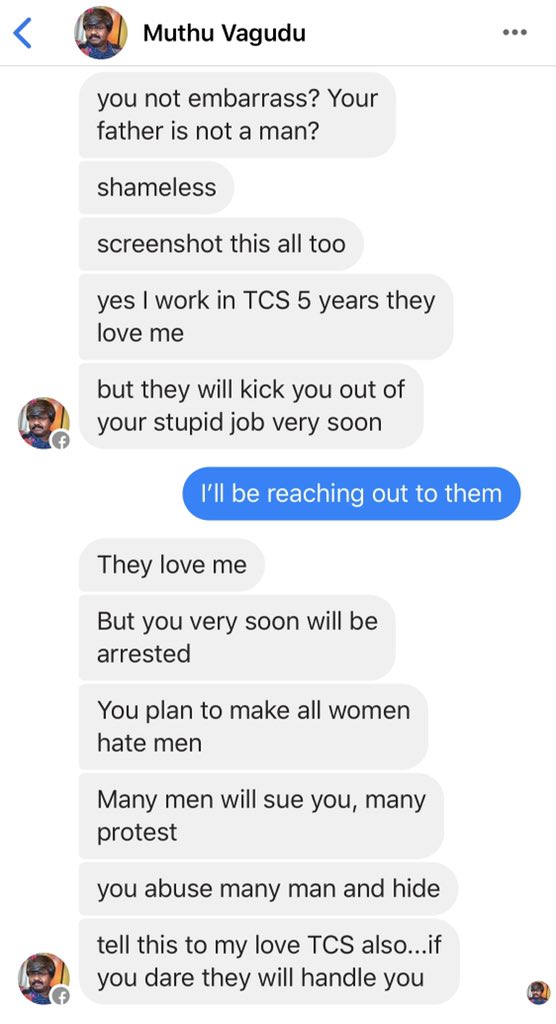 Hey  @TCS, these are the kind of employees you “love” it seems. Mr Muthu seems to be very sure no one at the company cares the way he talks to women on the internet. Has someone complained before?Here’s his profile (from which he’s still messaging me) -  https://www.facebook.com/muthu.vagudu.1 