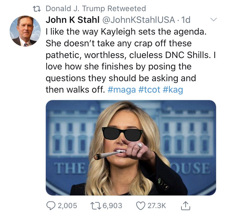 The president shared a post praising his press secretary and depicting her smoking a fat joint in the White House