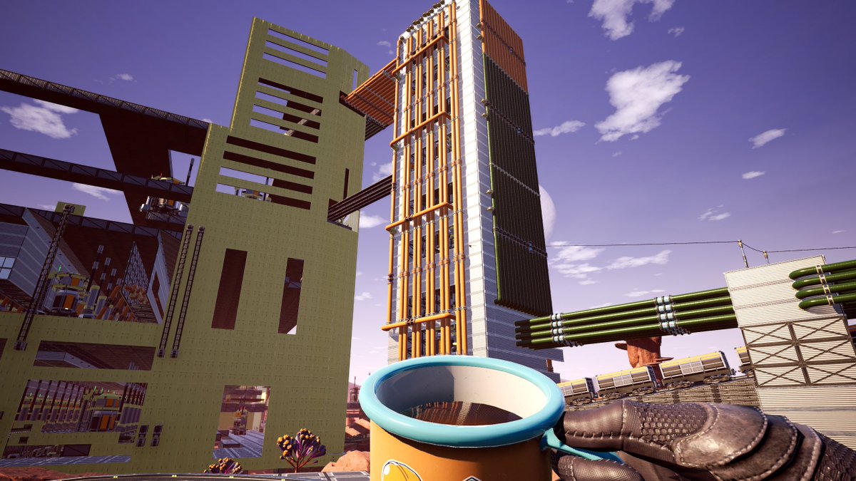 Wonky_jon's tweet photo. I've redesigned the external pipes (which transport liquids UP!) and now, hopefully, I'm on the final stretch of finishing this up. Now with added refineries too! #satisfactorygame #satisfactoryscreenshots #twitch #Live now until around 18:00BST https://t.co/Ik5uGSfrjW https://t.co/Mqaz2tbLJL