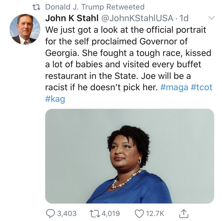 The president shared another post mocking Stacey Abrams’ weight