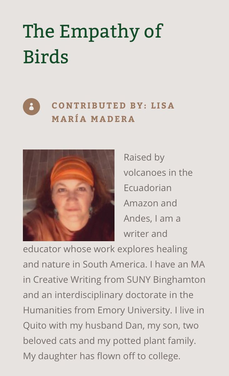 lmaderaquito's tweet photo. Honored to have my essay “The Empathy of Birds” published by the #NaturalHistoryInstitute’s new journal #RealGround #COVID19 #birding #biodiversity #motherlove #allyouneedisecuador #Quito    https://t.co/SjcjLJsJ6V https://t.co/7dUEVNKEqE